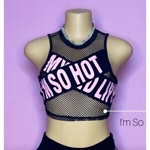 New Small Mesh I'm So‎ Hot Pink Tape Crop Top Punk Grunge Retro Neon Black